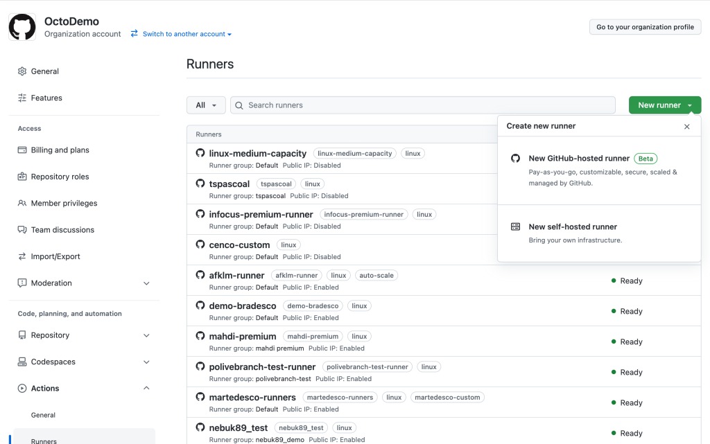Screenshot of the runners list page, showing "GitHub Hosted Runner" as an option for creating a new runner.
