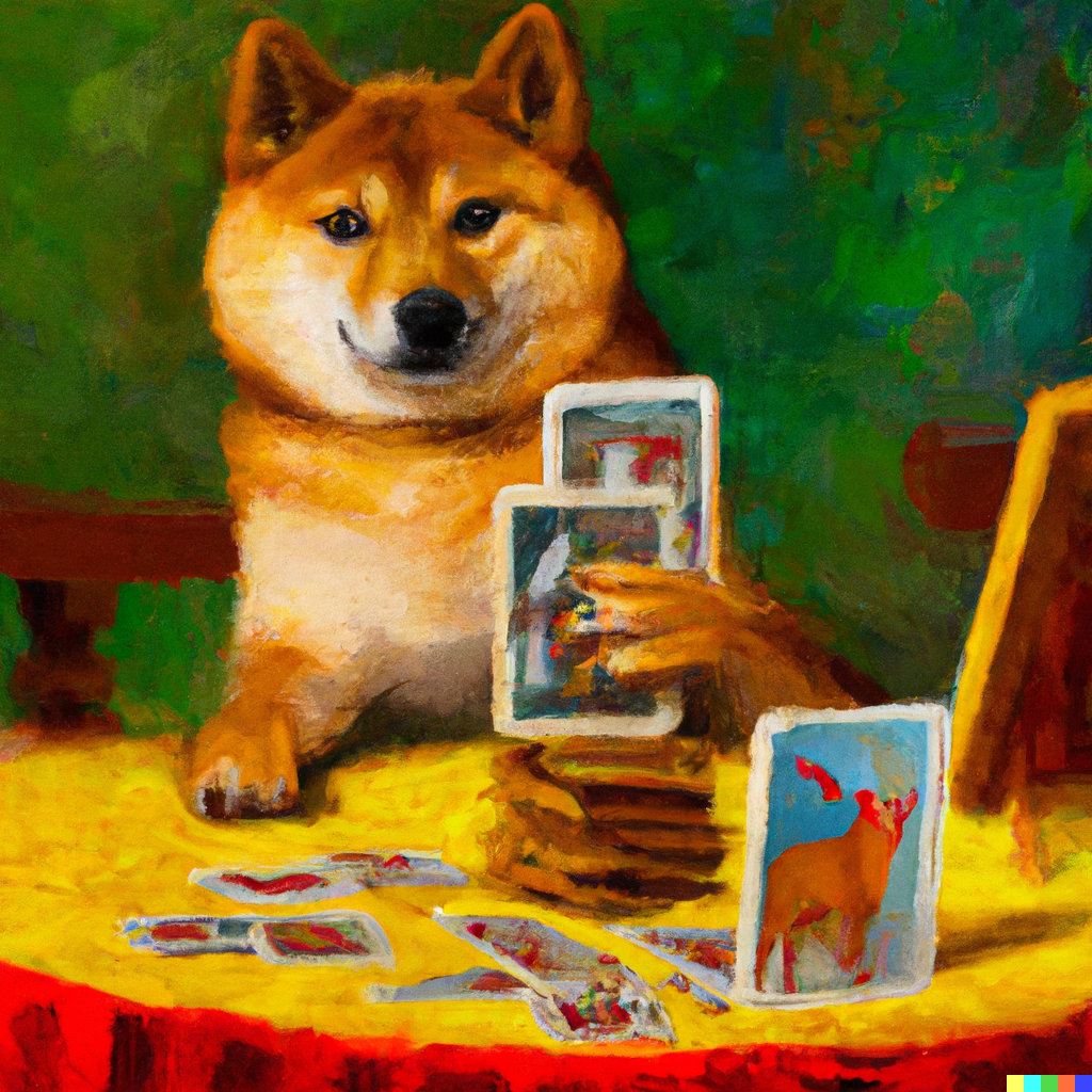 An AI-generated image from DALL-E 2 of a Shiba Inu dog giving a tarot card reading