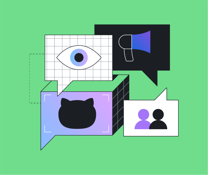 An illustration of four speech bubbles in a grid, each with an icon. Going clockwise the icons are an eye, a megaphone, two people, and an octocat.