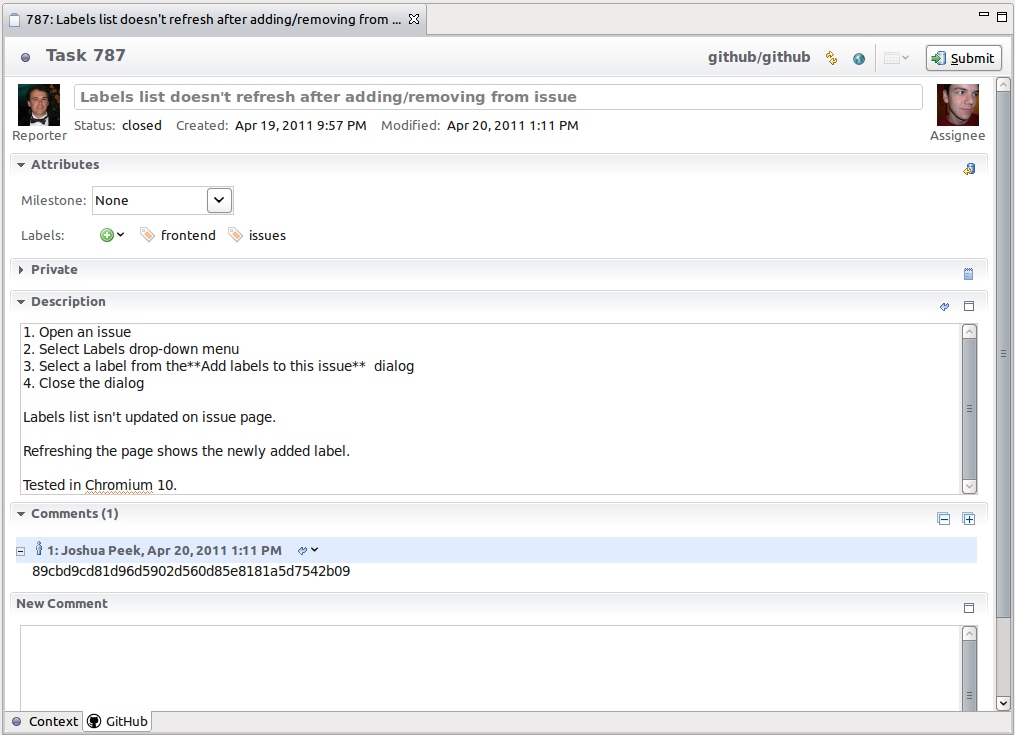 GitHub Mylyn connector for Eclipse