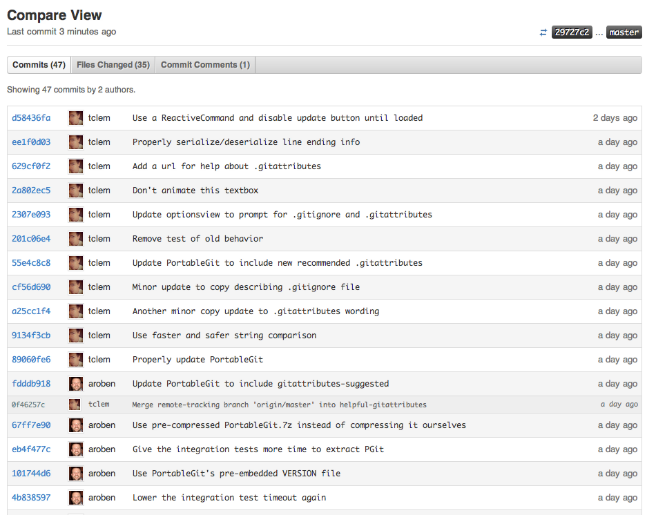Screenshot of compare view on GitHub.com showing changes made between releases of GitHub for Windows