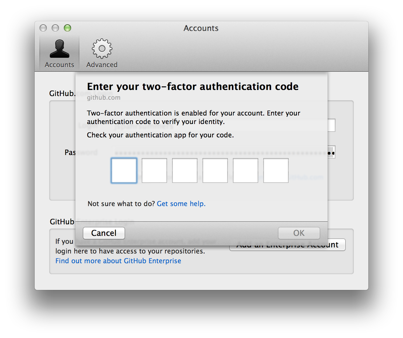 Git password authentication. Authentification code. Enter your two Factor authentication code ￼. Check the authentication.