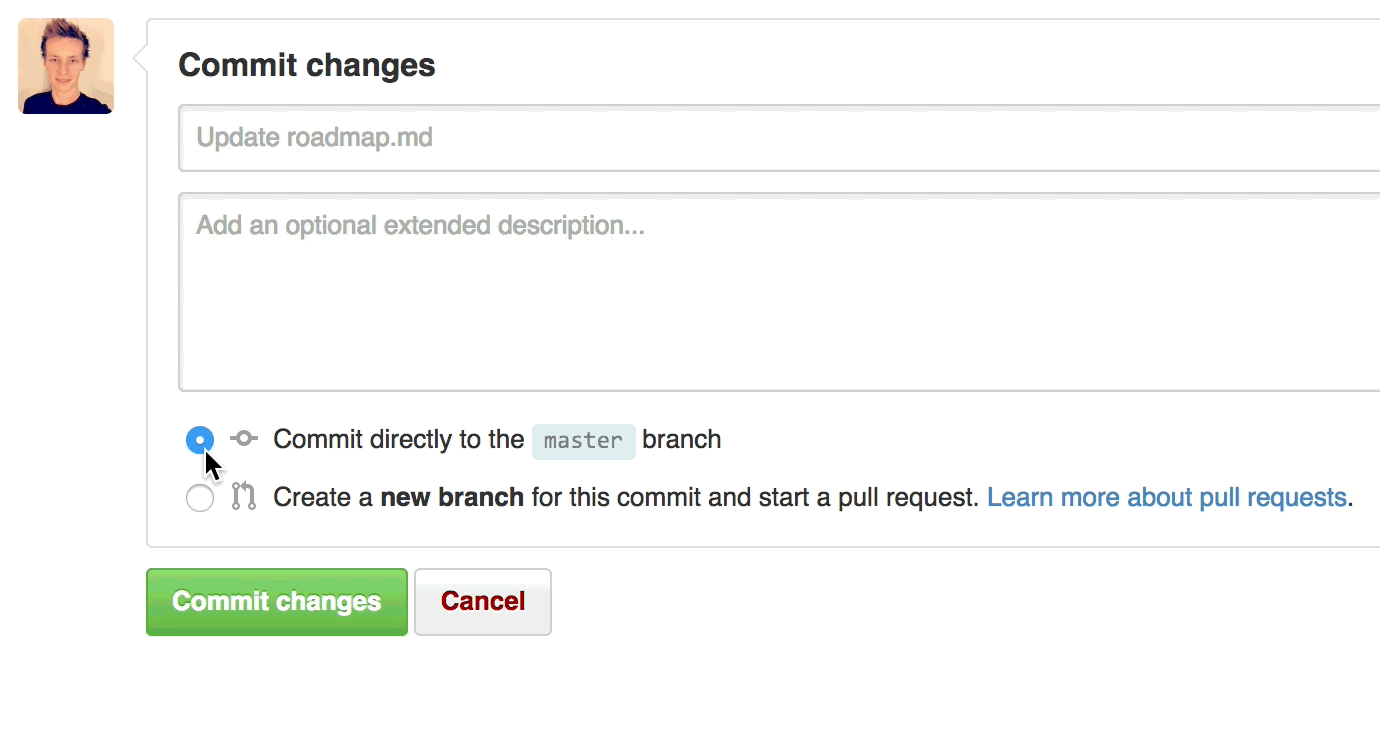 Selecting the new branch option to open a quick pull request