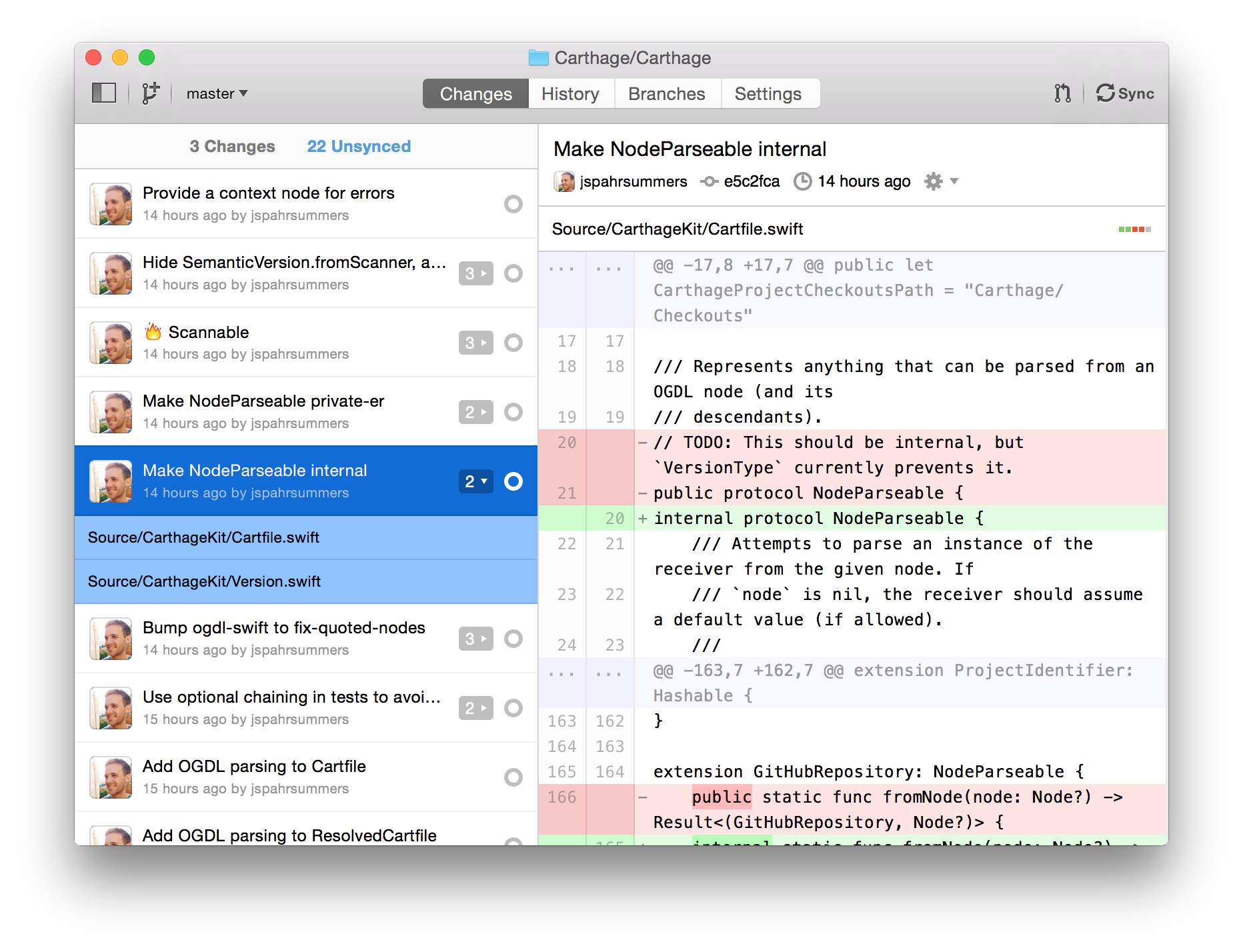 A long list of unsynced commits in GitHub for Mac