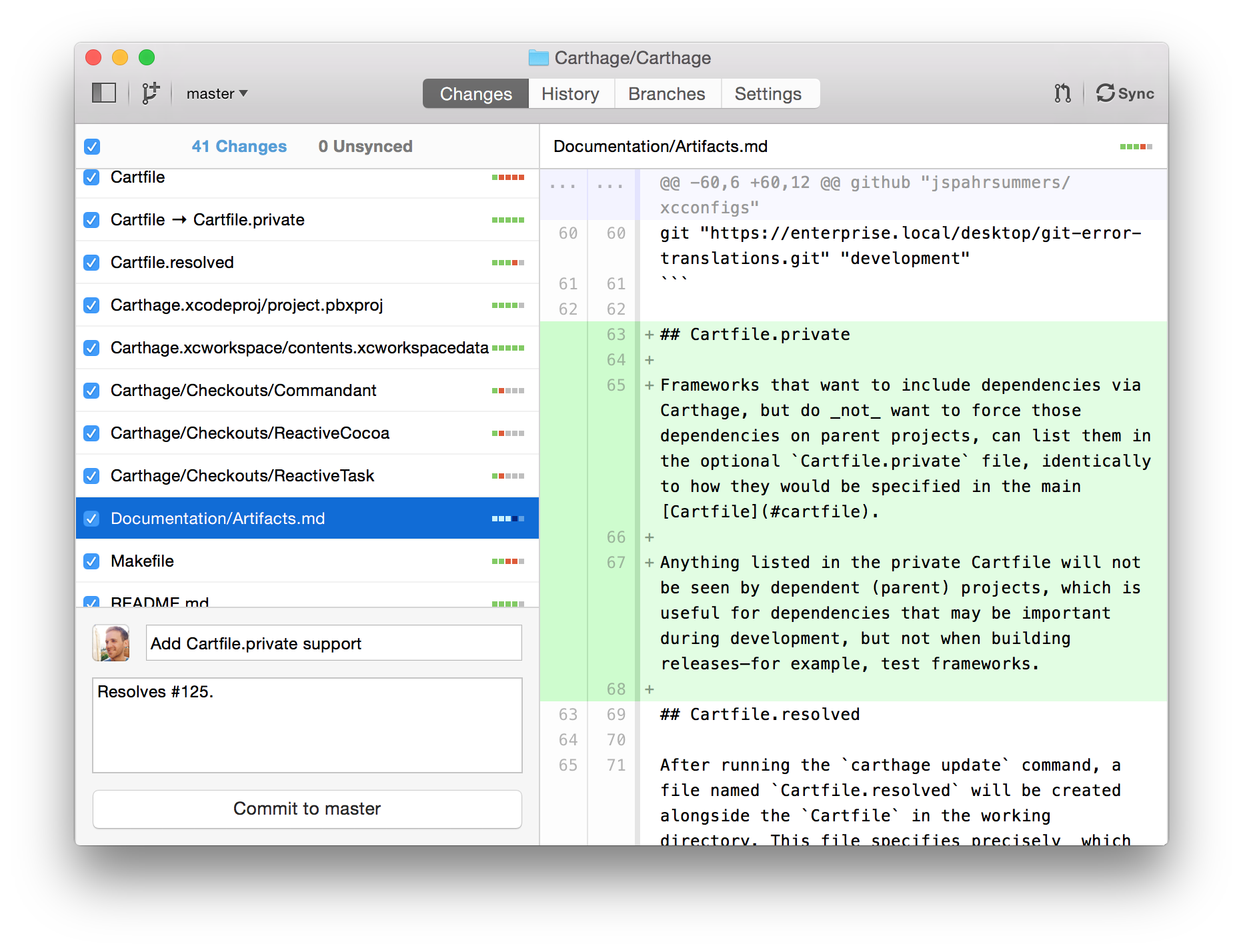 A long list of changes in GitHub for Mac