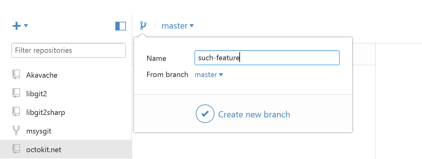 The new create branch popover lets you pick which base branch to use for your new branch