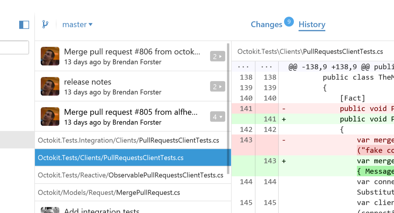 Commit lists now show number of files and lets you select individual files to view changes for