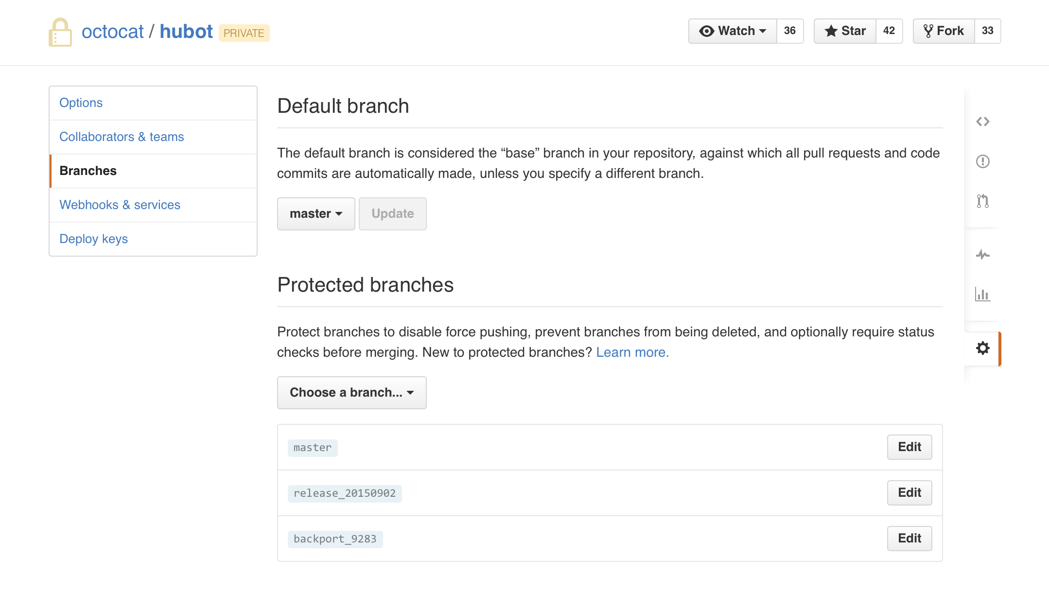 Repository Branches settings page