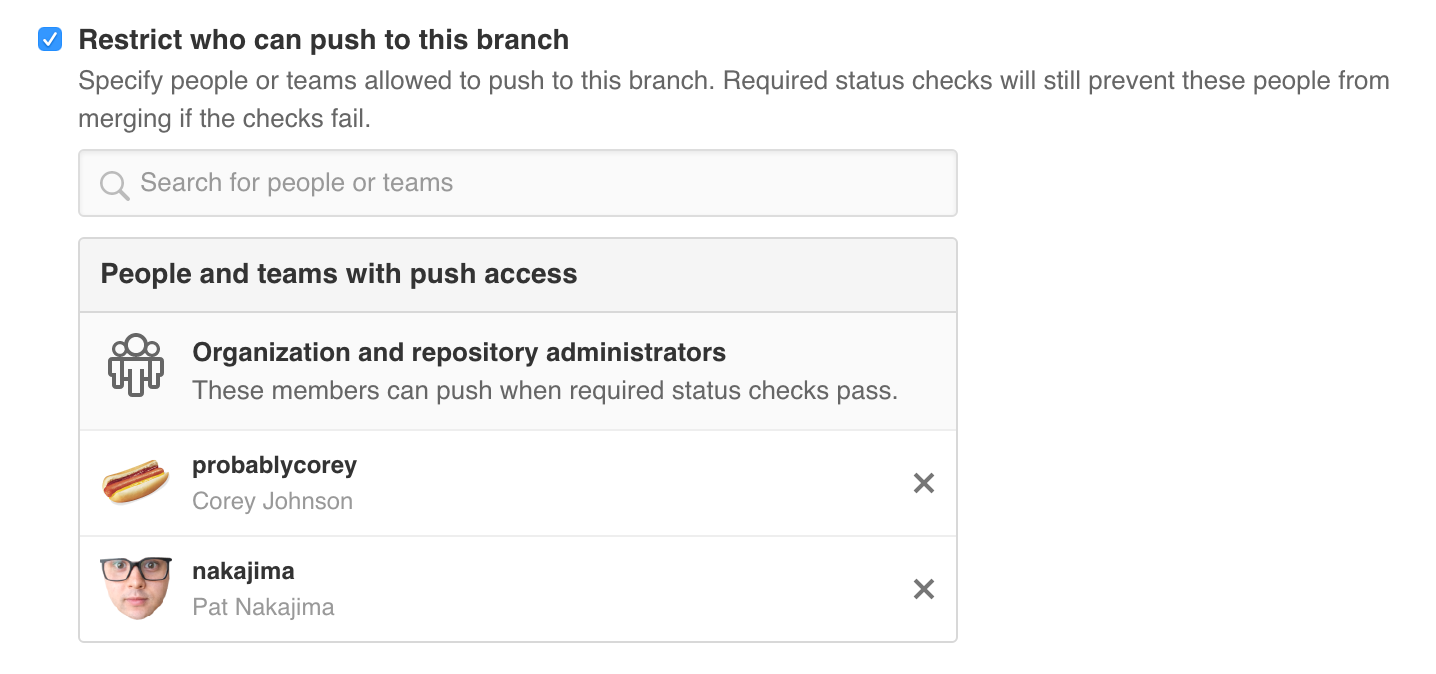 Choose which users and teams can push to a protected branch