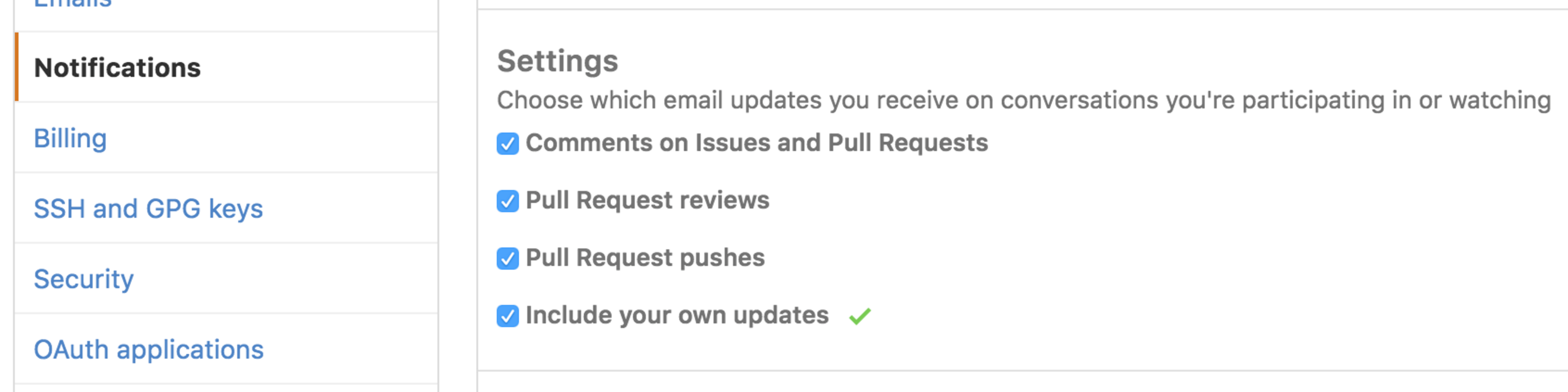 Different options for configuring the email notifications you receive