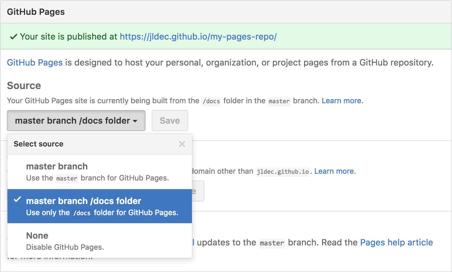 Screenshot of Repository Settings - GitHub Pages - Source