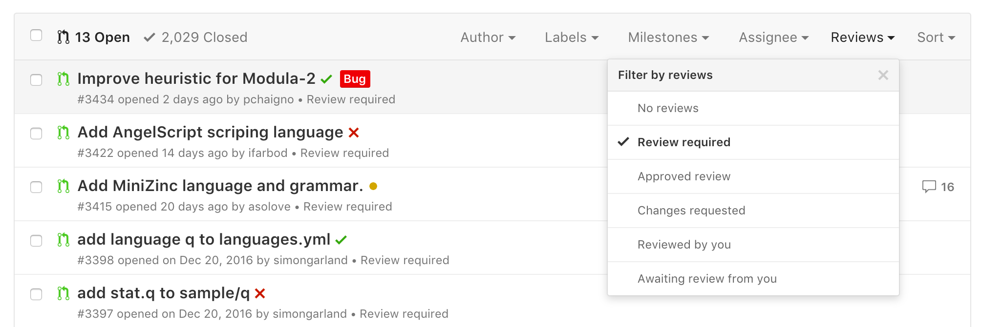 A screenshot showing the reviews filter menu in a repository pull request index