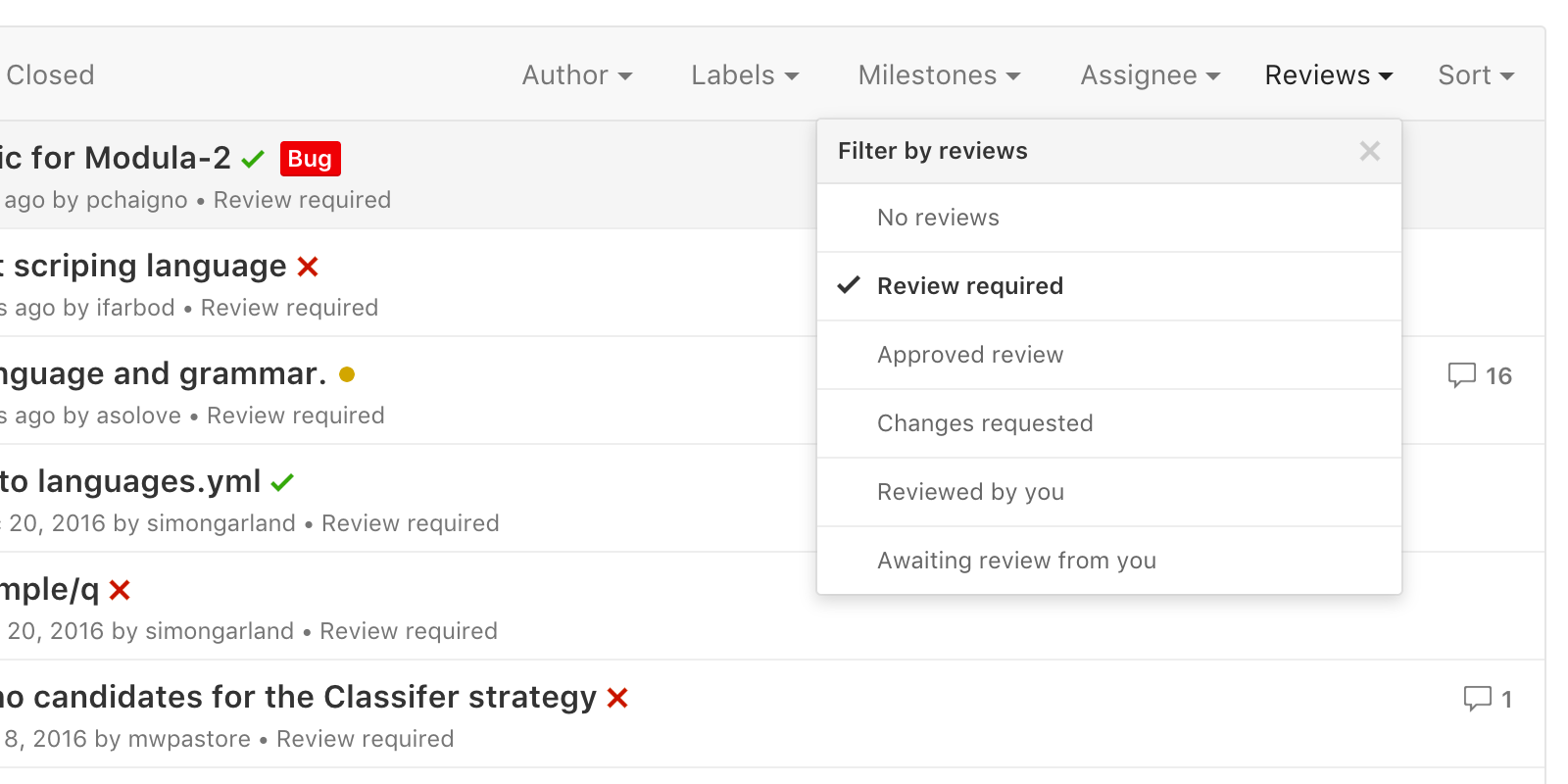 Filter pull request reviews and review requests