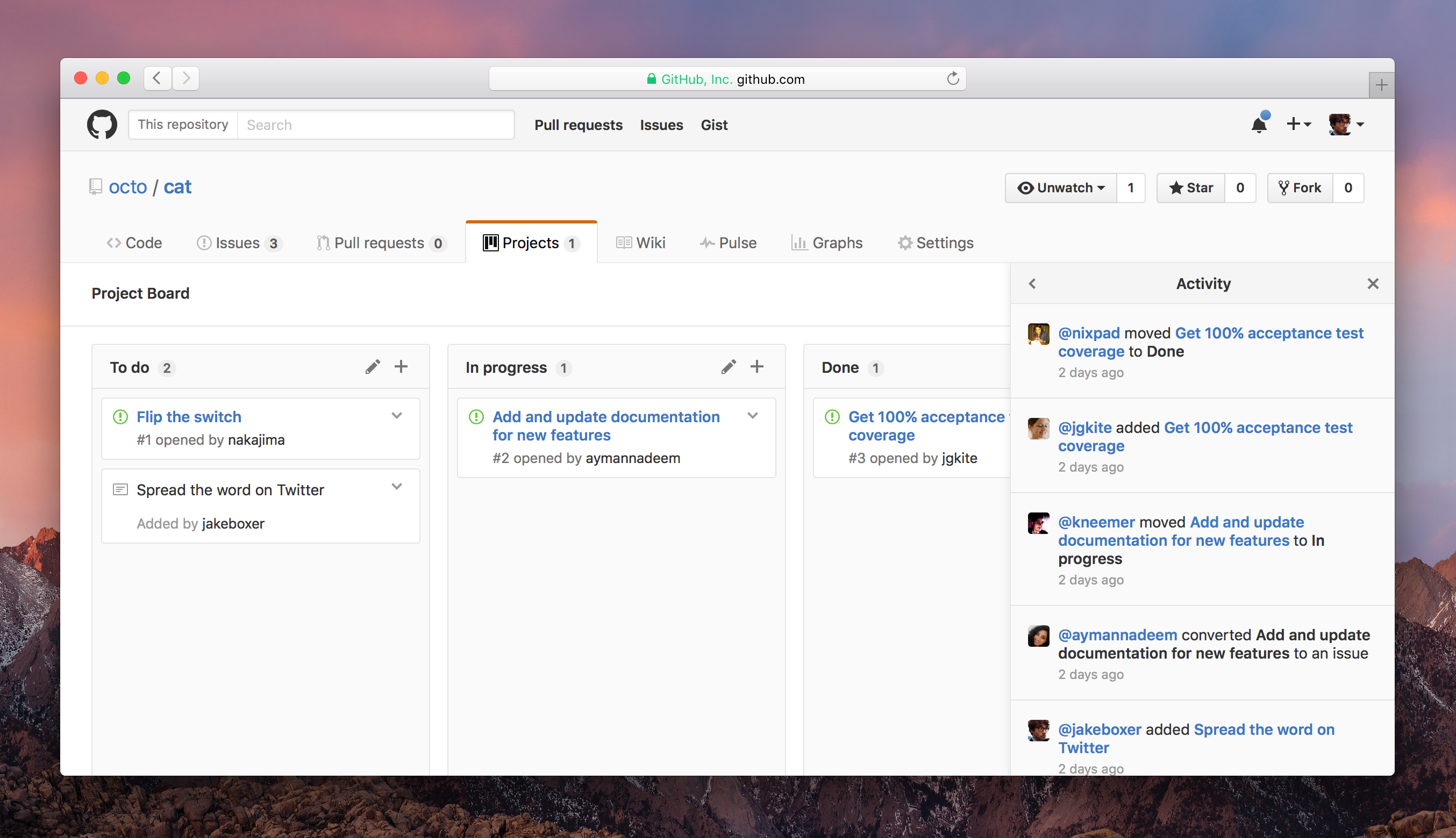 Screenshot of the Project Activity view