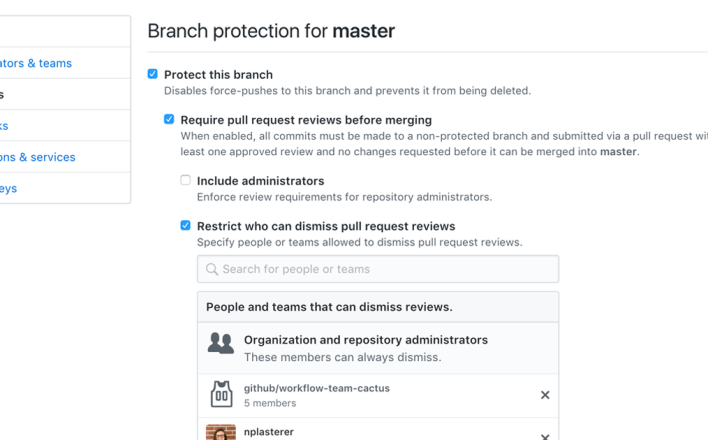 Restrict review dismissals with protected branches