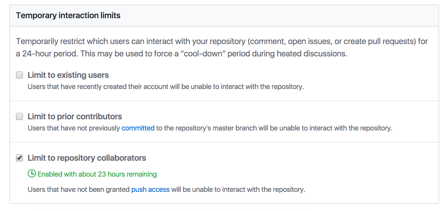 The new temporary interaction limits in repo settings