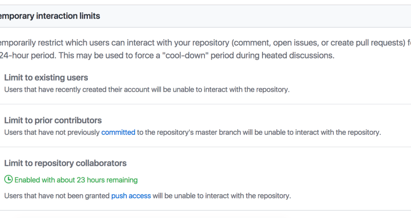 The new temporary interaction limits in repo settings