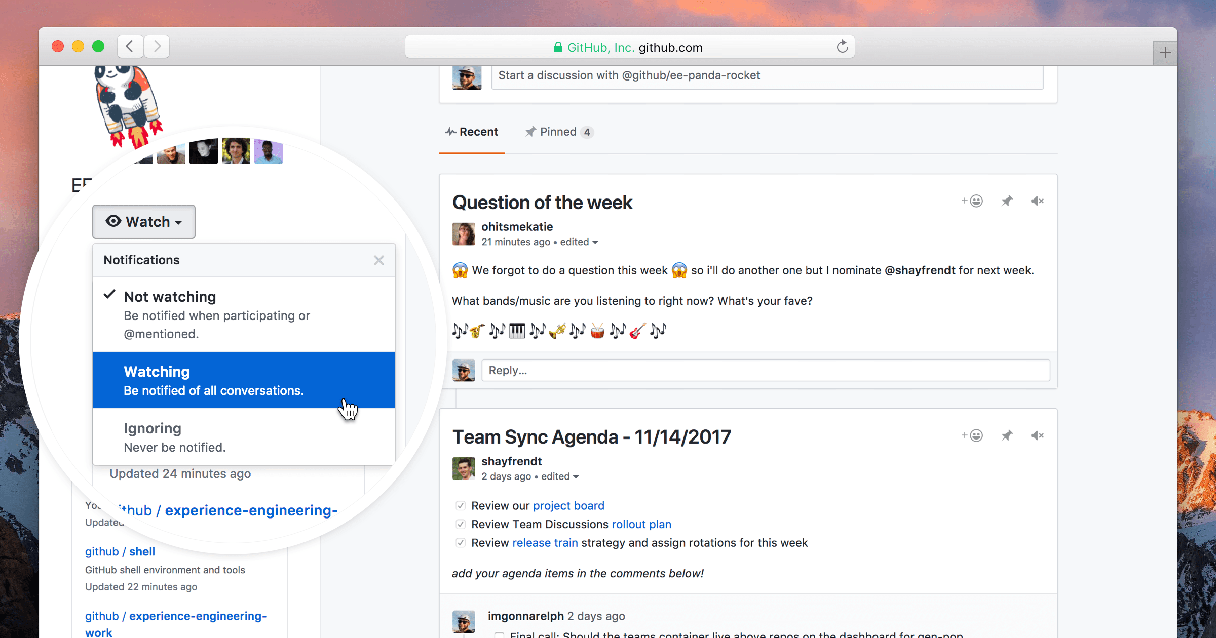 Screenshot of team discussions view