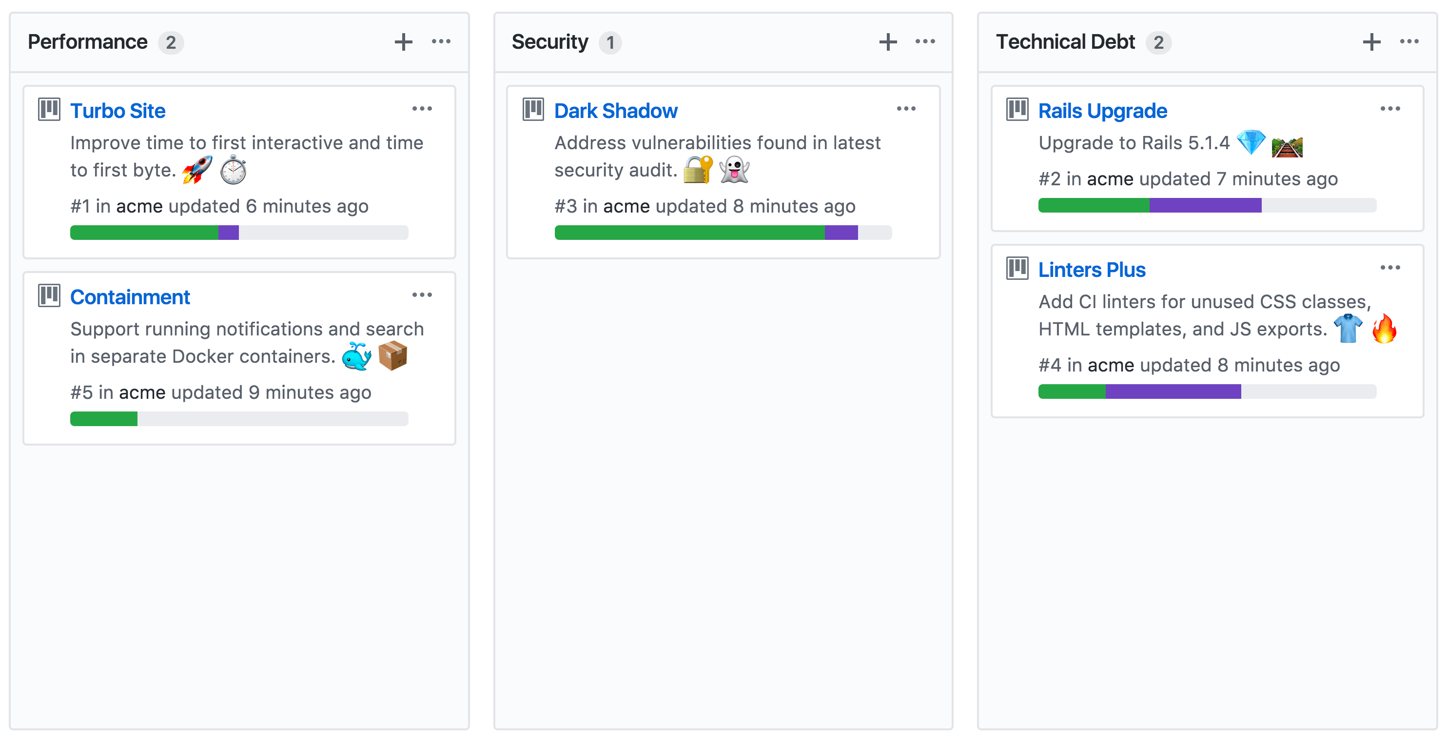 Project summary cards