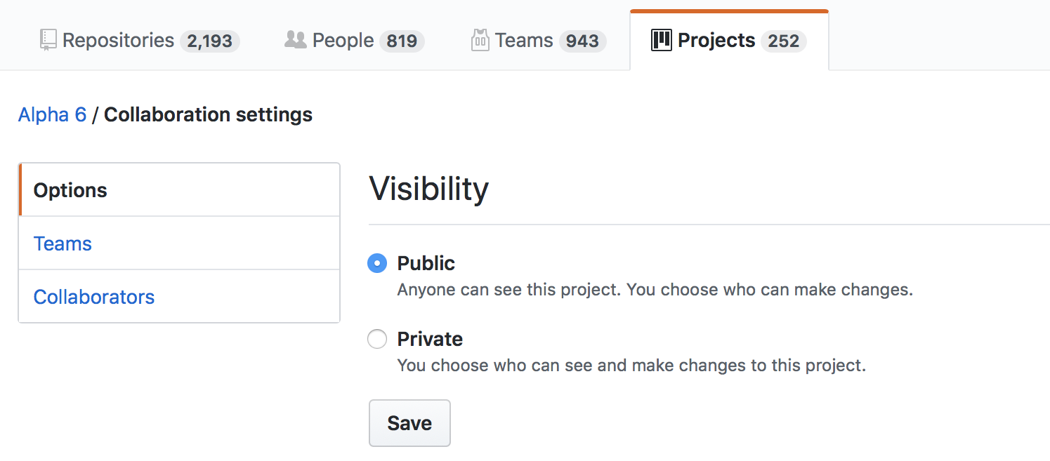 Show your organization's projects to the world by editing the visibility