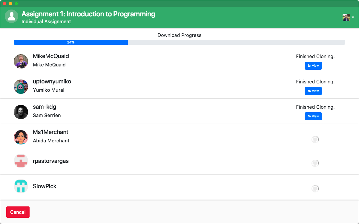 Downloading assignments in GitHub Classroom Assistant