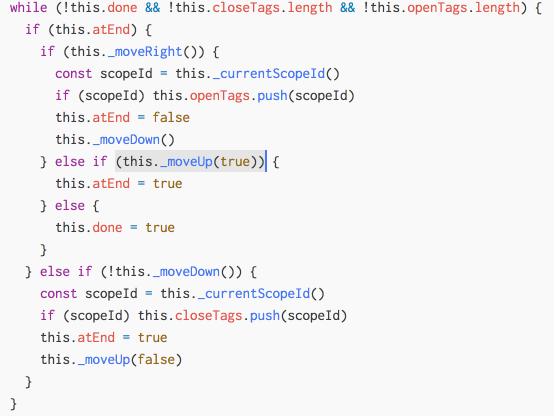 This animated GIF shows a snippet of JavaScript code in Atom. First, nothing is selected. Then, larger and larger constructs in the code are selected.