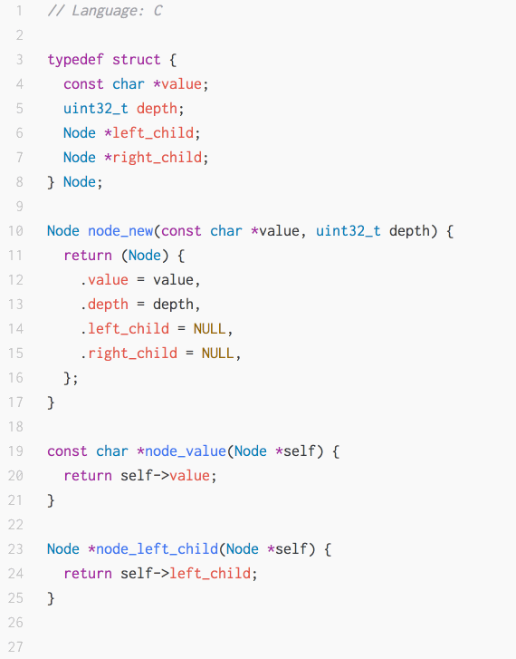 This animated GIF shows a snippet of C code rendered in Atom. It then switches to show an equivalent snippet of code written in several different languages: C++, Go, Rust, and TypeScript.