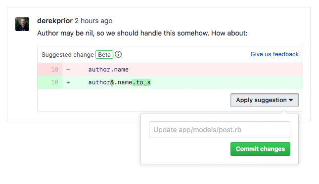 A code review comment with a suggested change