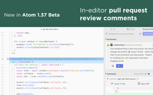 Image announcing the new code review features in Atom