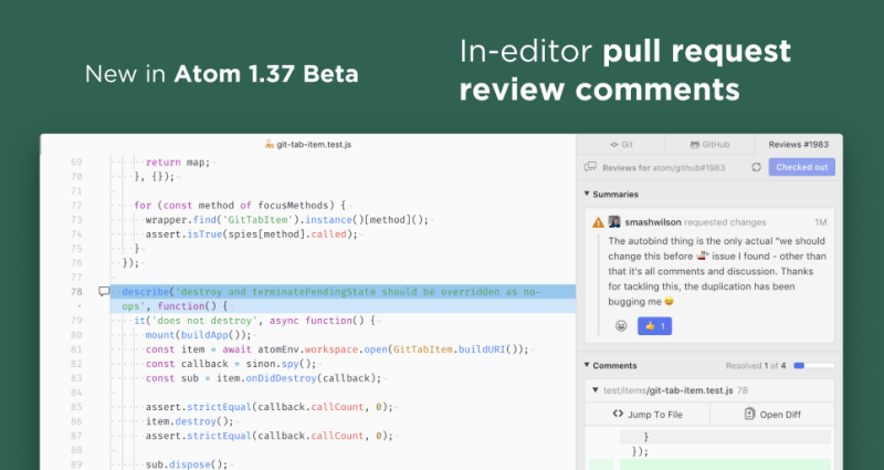 Image announcing the new code review features in Atom
