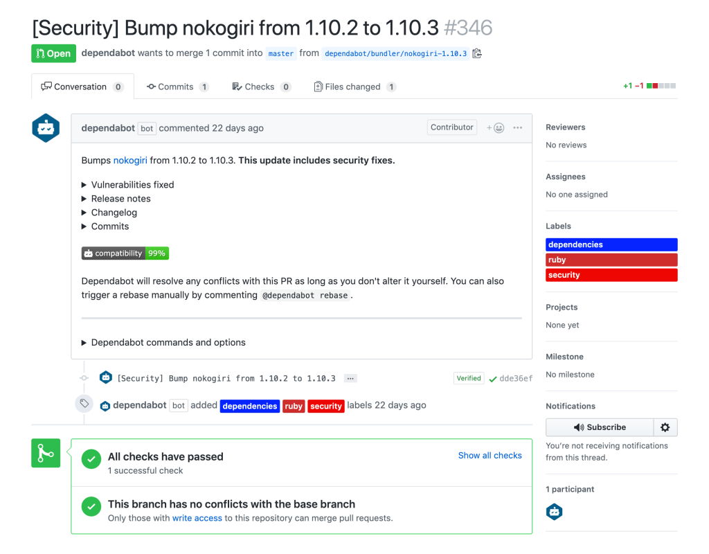 Dependabot automatically opens pull requests to patch dependencies with vulnerabilities.