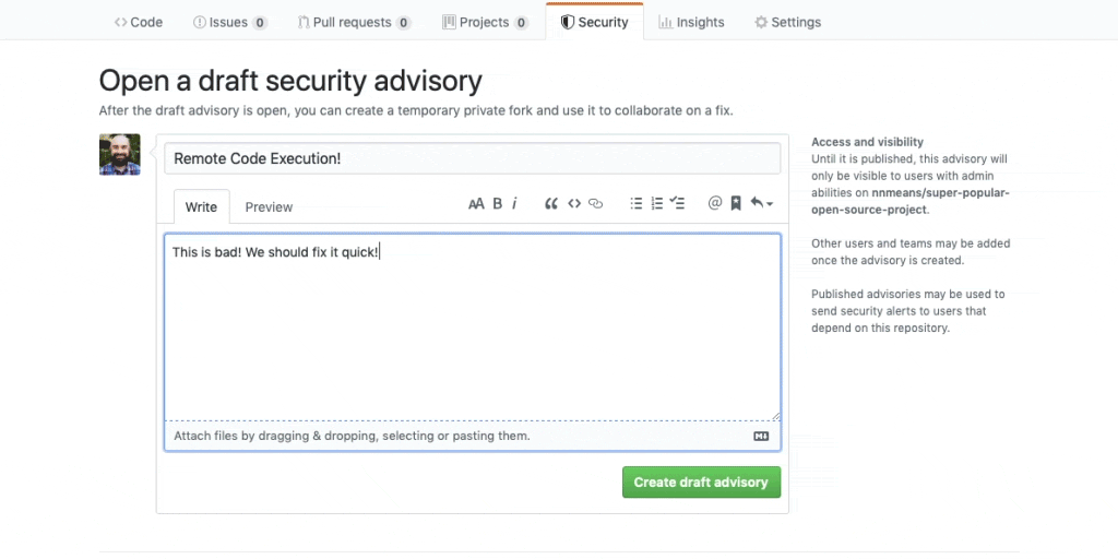 Animated GIF demonstrating where to find advisories: You can find the security advisories in your dependencies using the "Security" tab on the GitHub interface. 