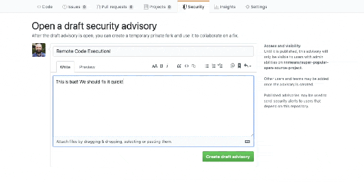Animated GIF demonstrating where to find advisories: You can find the security advisories in your dependencies using the "Security" tab on the GitHub interface. 