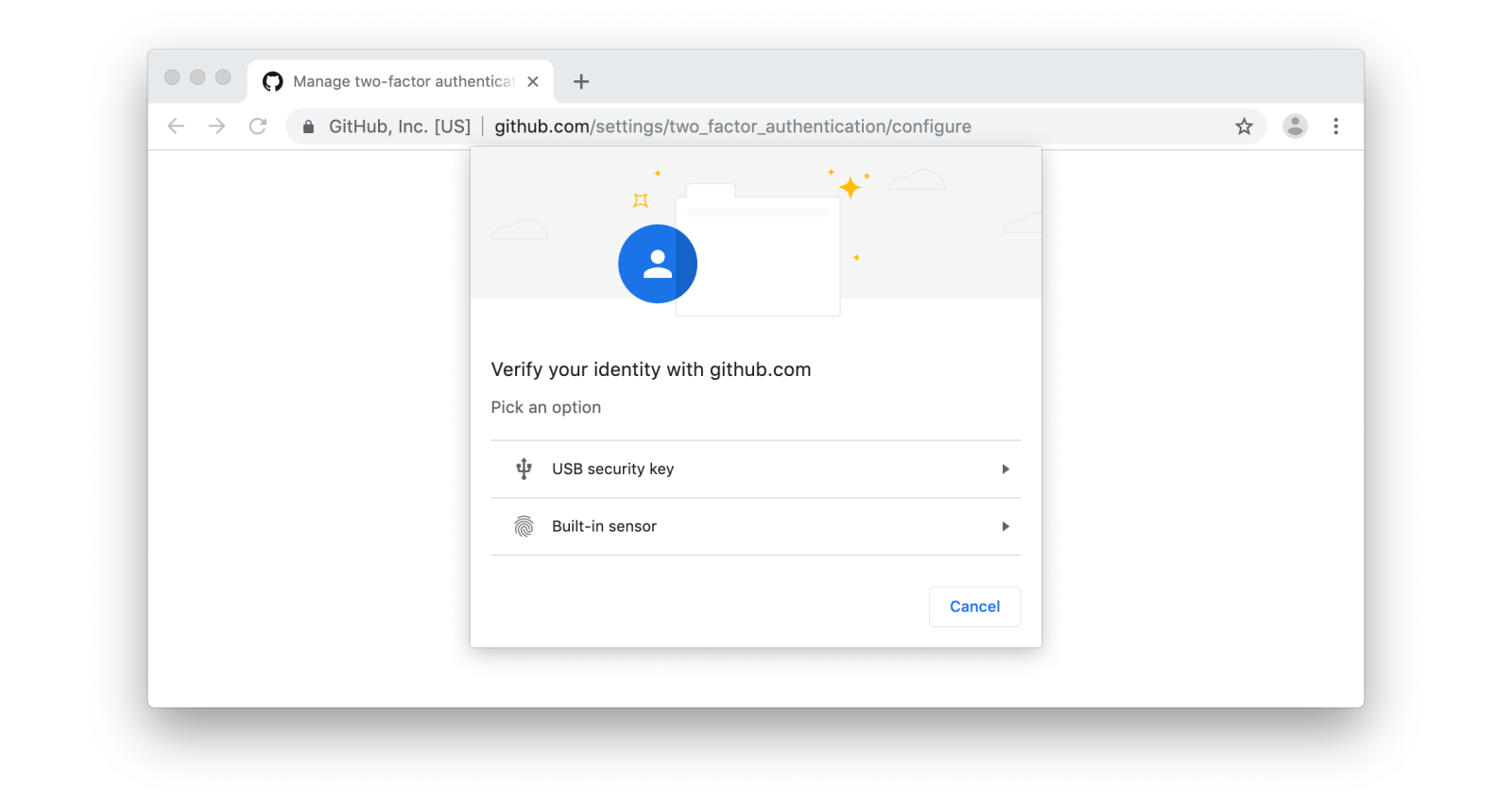 A security key registration prompt in Google Chrome, offering to "Verify your identity with github.com" using either a USB security key or built-in biometric sensor.