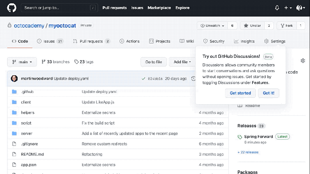 Gif showing how to start using the GitHub Discussions beta in your repo