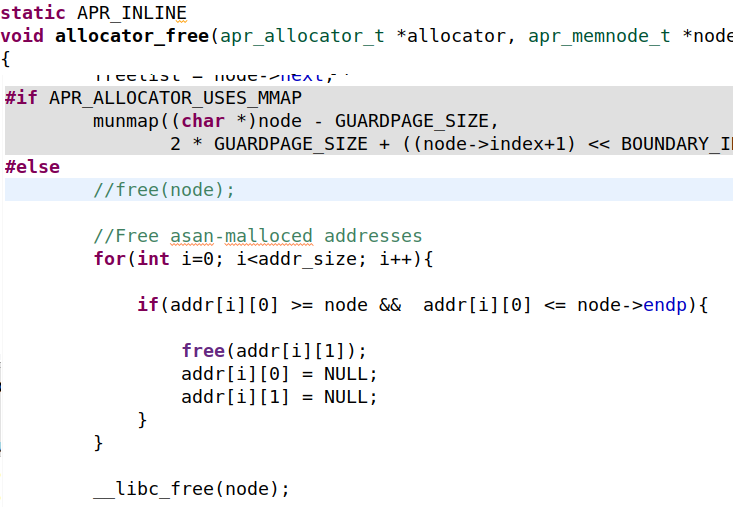 a direct call to the `free()` function using the `__libc_free(node)` statement