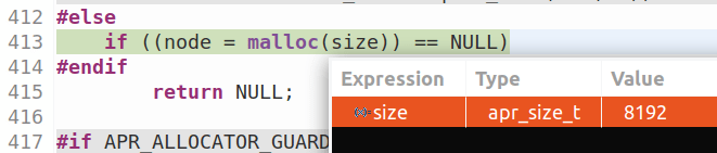 code snippet showing how a malloc call with size=8192 is performed