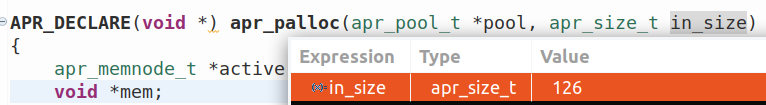 a call to apr_palloc with size = 126