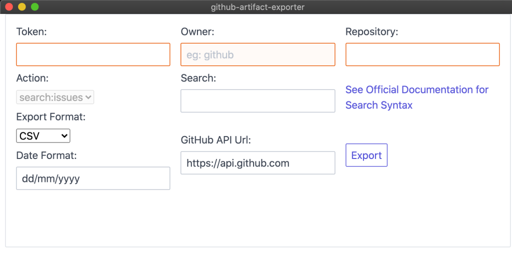 Screenshot of GUI for GitHub Artifact Exporter, showing the fields described above.