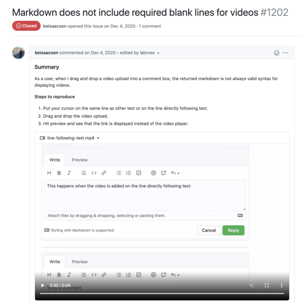 Video included in an issue comment to show reproduction steps for a Markdown and video bug