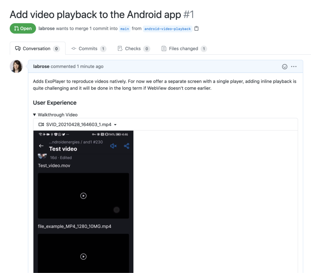 Pull request includes a video of the GitHub mobile app interaction for video playback