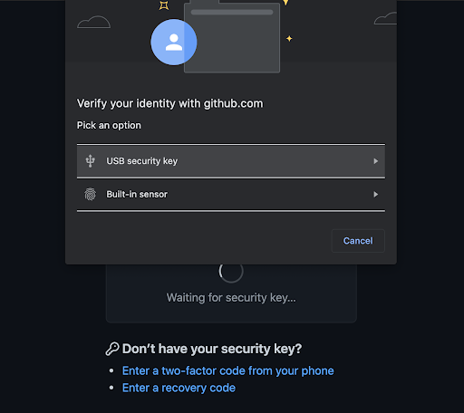 Screenshot of GitHub identity verification screen with security key option