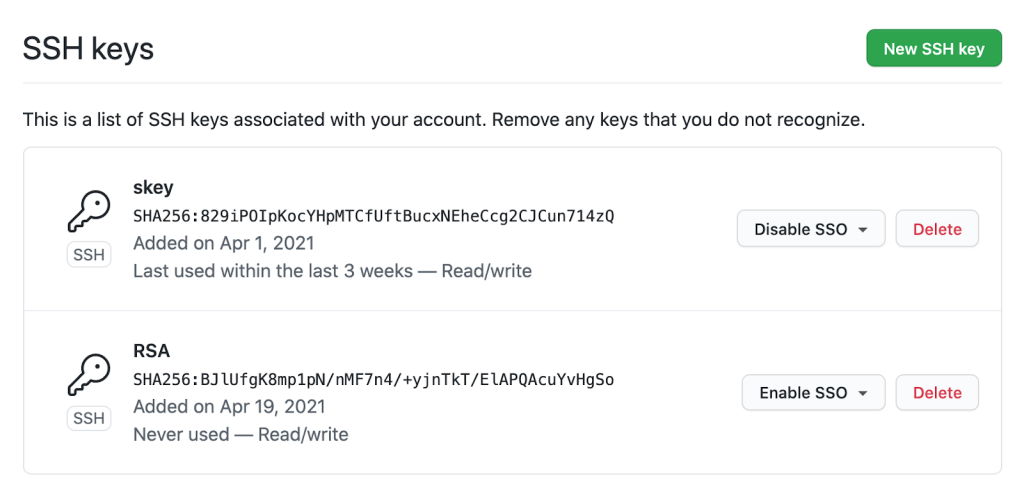 Screenshot of SSH keys associated with GitHub user account