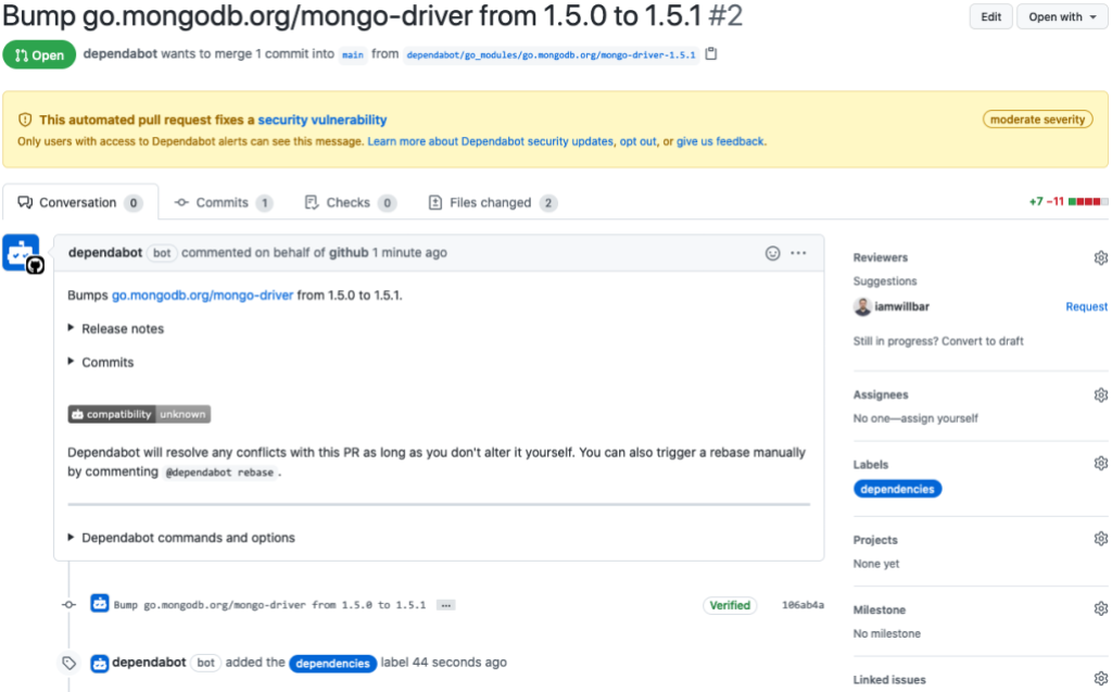 Screenshot of an automated Dependabot pull request for a security update