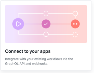 Feature card that reads: Connect to your apps! Integrate with your existing workflows via the GraphQL API and webhooks