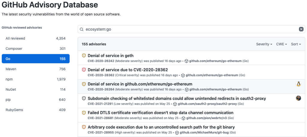 screenshot of GitHub Advisory Database, which now includes Go