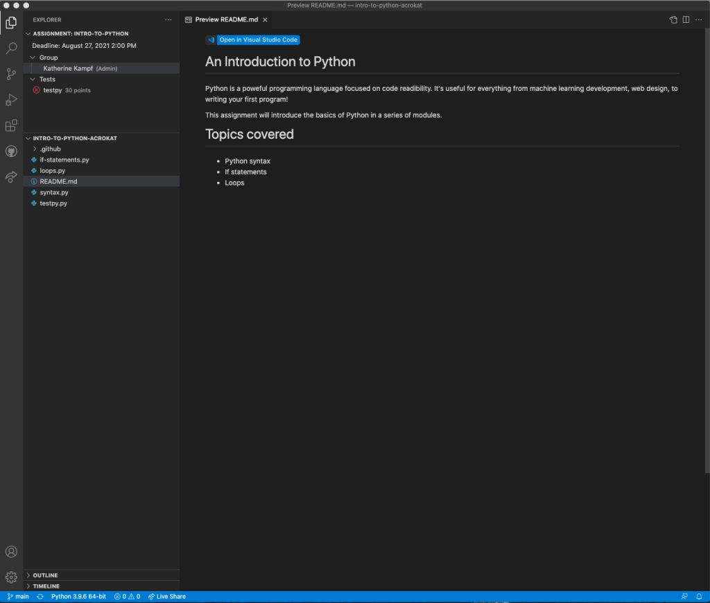 screenshot of "introduction to Python" in Visual Studio Code extension