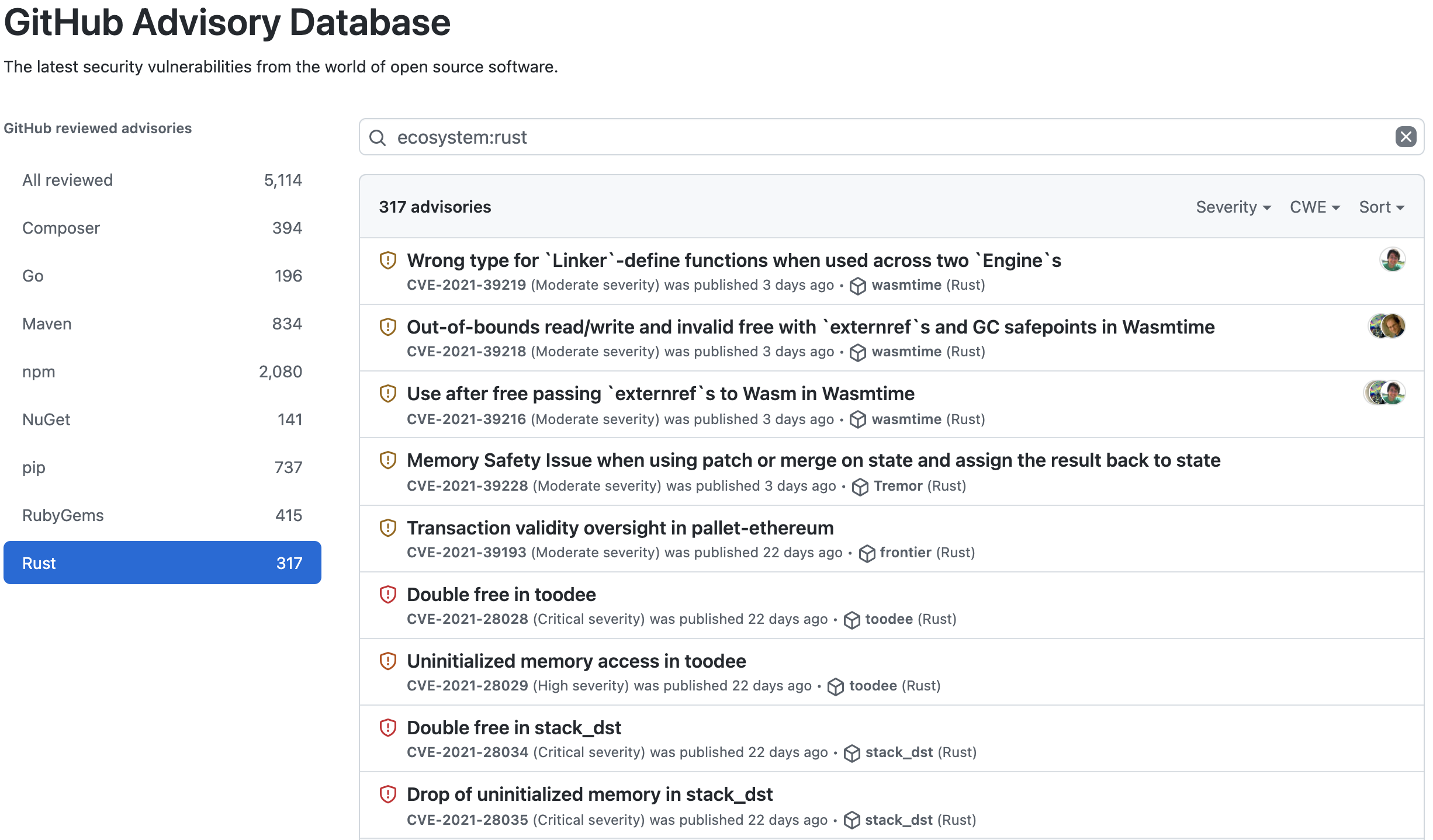 Screenshot of GitHub Advisory Database with Rust filter applied, showing 317 advisories