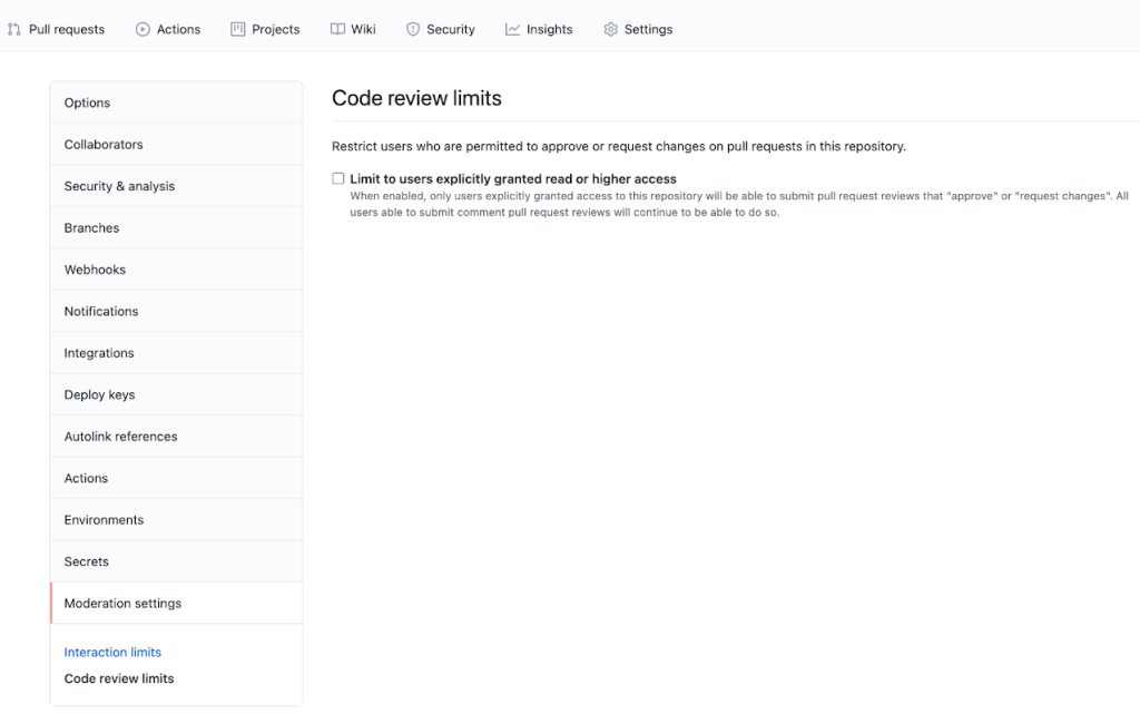 Screenshot of "Code review limits" section of settings page