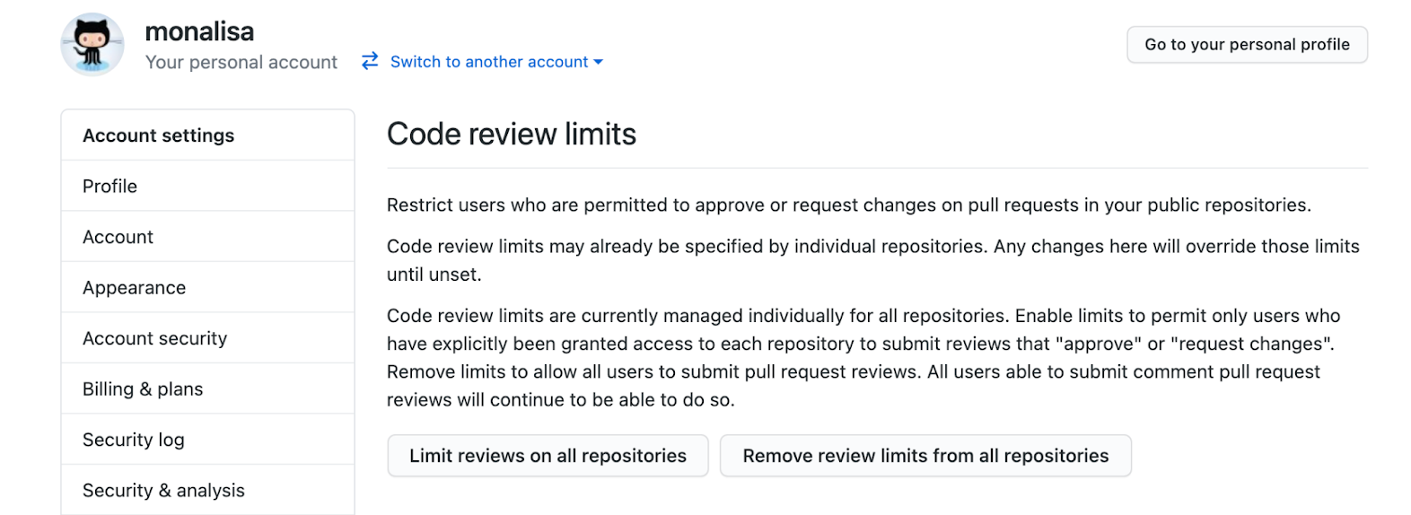 Screenshot of button to enable repository-level code review limits